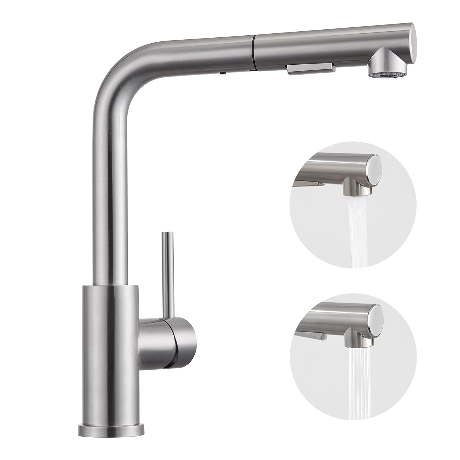 BONADE Stainless Steel Kitchen Sink Mixer Tap with Pull Out Sprayer, 360° Rotatable Single Handle Kitchen Sink Faucet, Brushed Stainless Steel, 3-Mode: Stream, Spray und Pause