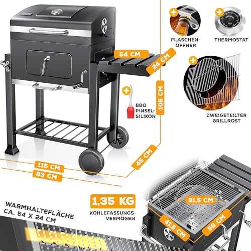 ® Grill Grillwagen BBQ Smoker XL Holzkohlegrill mit Deckel, Rädern, Edelstahl-Griff, Grillrost, Thermometer, & Silikon-Pinsel, Standgrill, Kohlegrillwagen