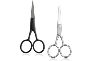 ZIHA OTZMA 2PCS Small Grooming Scissors for Men and Women, Facial Hair Trimming Scissors with Straight & Rounded Safety Tips for Eyebrows, Nose Hair, Beard, Mustache, Eyelashes, and Ear Hair - Silver & Black