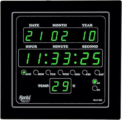 Ajanta Digital Wall Clock Green LED,Black Body,with Glass (25.4 cm x 25.4 cm x 3 cm, Black)