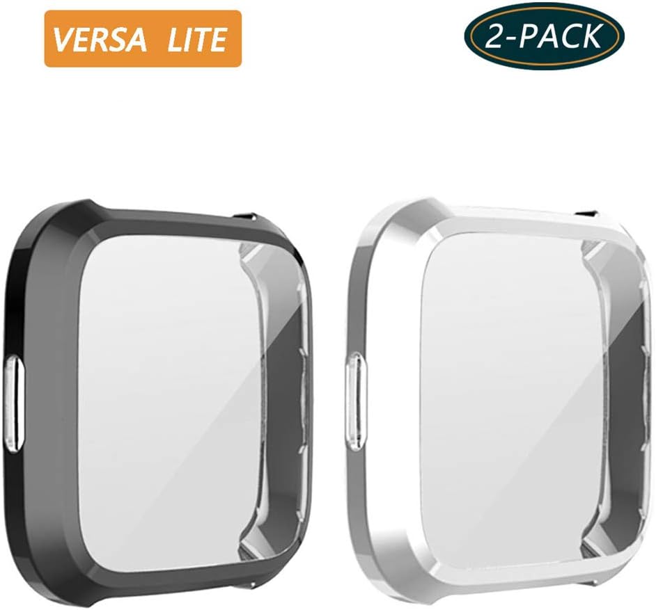 (2-Pack) KPYJA for Fitbit Versa Lite Edition Screen Protector Case, TPU Plated Case All-Around Protective Screen Full Cover Bumper Compatible Fitbit Versa Lite Edition Smartwatch (Black/Silver)