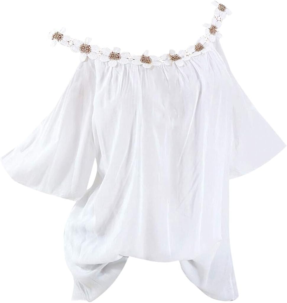 Aniywn Women Summer Lace Patchwork Short Sleeve O-Neck T-Shirt Blouse Off