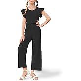 UK loees Girls Jumpsuit Summer Kids Casual Fashion Ruffle Cap Sleeve Belted Wide Leg Rompers One Piece Outfits