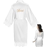 Jadive Bride Bridal Wedding Robes with Lace Trim Embroidery Satin White Robe for Women Wedding Day Kimono Plus Size(XXL)