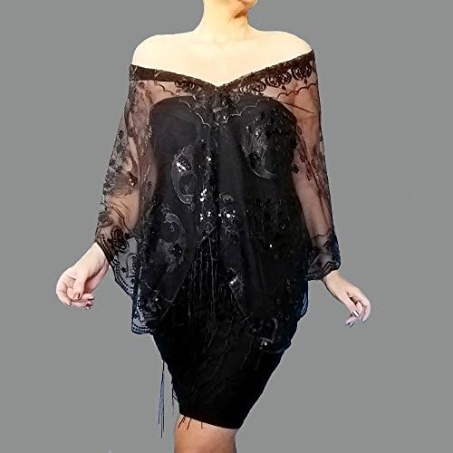 Black Sequin Wrap Peacock Shawl Sheer Net Stole by ZiiCi