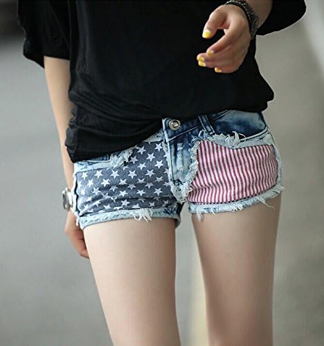 Penguins Sexy Girls American Us Flag Mini Jeans Shorts 1PC Stylish 1PC Sexy Shorts Jeans Hot Pants Denim Regular Waist with 1 Vitamin Pen (Large)