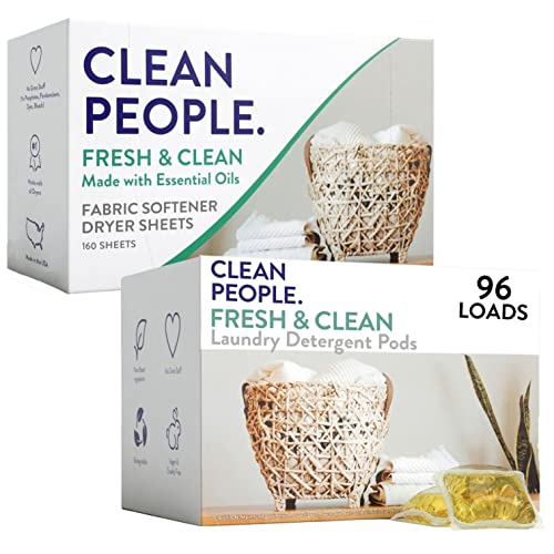 Clean People Laundry Detergent Pods & Fabric Softener Sheets - Plant-Based, Eco Friendly Laundry Detergent 96ct & Dryer Sheets 160ct (Fresh Scent)