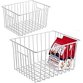 Slideep Fridge Freezer Baskets, Wire Storage Organizer Basket, Household Refrigerator Bin with Built-in Handles for Cabinets, Pantry, Closets, Bedrooms White - Set of 2