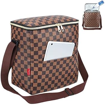 Lunch Bags For Women and Man,Insulated Lunch Box Cooler Bag with Adjustable Shoulder Strap, Water-resistant Thermal PU Soft leather Lunch Shoulder Bag for Work/Picnic/Beach/Hiking(Checked Pattern)