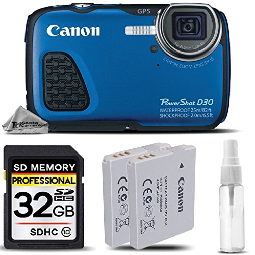 Canon PowerShot D30 Waterproof Digital Camera Blue, Built-In GPS + Backup Battery + 32GB Class 10 Memory Card + Deluxe Cleaning Kit. All Original Accessories Included - International Version Canon PowerShot D30 Waterproof Digital Camera Blue, Built-In GPS + Backup Battery + 32GB Class 10 Memory Card + Deluxe Cleaning Kit. All Original Accessories Included - International    Version