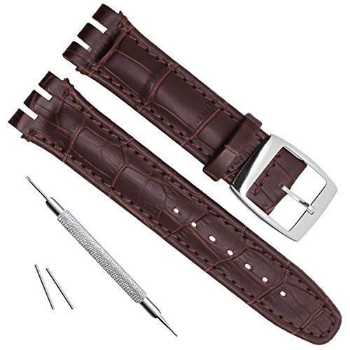 Alligator Grain Cow Leather Stainless Steel Buckle Watch Band Strap for Swatch (19mm, Brown)