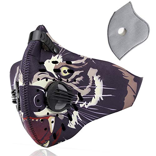 Novemkada Dustproof Masks - Activated Carbon Dust Mask with Extra Filter Cotton Sheet and Valves for Exhaust Gas, Pollen Allergy, PM2.5, Running, Cycling, Outdoor Activities (1 Set Tiger Black)