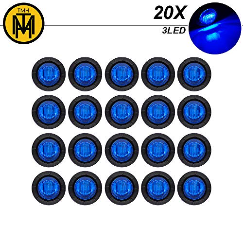 TMH (Pack of 20) 3/4" Mini Round Blue LED Side Indicator Marker Light Front Tail Waterproof with Grommets for Truck Trailer Pickup Lorry SUV Jeep Van Camper Caravan Universal 12V DC Surface Mount 3led