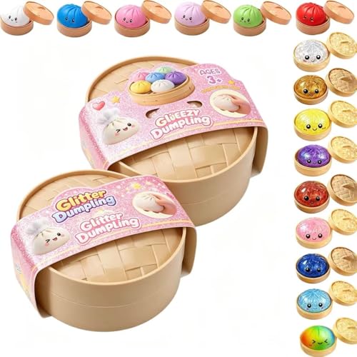 SLEEPHEAD®Dumpling Squishy Mystery Box, Glitter Dumpling, Dumplings Style Stress Balls for Adults and Kids, Cute Steamer Basket Design with Squeezable Bun Stress Relief Fidget Toys,2Pcs Random color