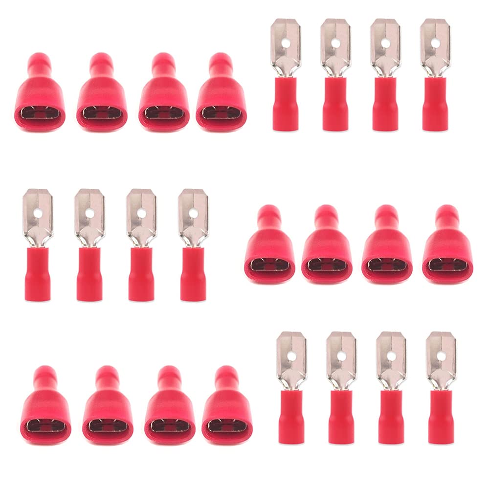 Ruidee 100PCS 22-16 AWG Insulated Male/Female Wire Connectors Spade Terminal Electrical Wire Crimp Connectors (Red/UPSH)