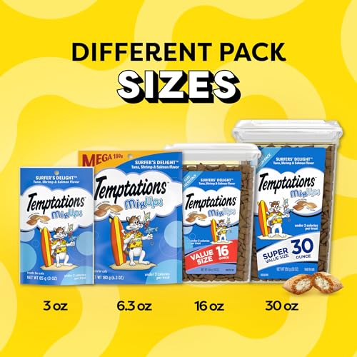 TEMPTATIONS MIXUPS CRUNCHY AND SOFT CAT TREATS SURFER’S DELIGHT FLAVOR, 16 OZ. TUB