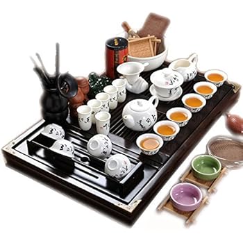 ufengke Chinese Ceramic Kung Fu Tea Set With Wooden Tea Tray And Small Tea Tools, Tea Service, Toy Tea Set For Gift, Office Home Use, White