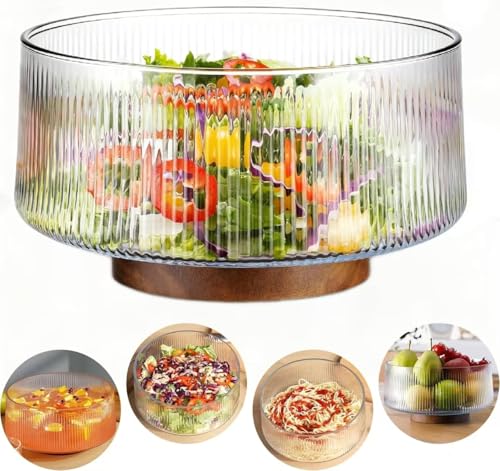 SLEEPHEAD® Extra Large Glass Salad Bowl with Natural Acacia Wood Base, Ribbed Design Oversized Capacity for Family Dinners, Parties, Multipurpose for Serving Salads, Fruits, Wine