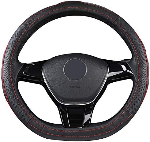 SFONIA Steering Wheel Cover D Type Flat Bottom Steering Wheel Protector Genuine Leather for 37-38cm / 15" Anti-slip Breathable Durable (Red)