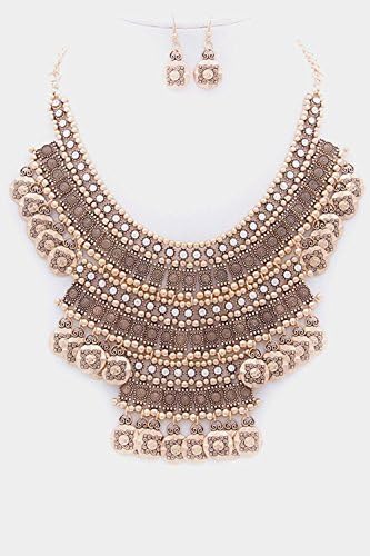 GlitZ Finery Luxurious Accented Four Petal Flower Layered Bib Necklace Set (Antique Gold)