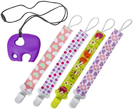 Plastic Pacifier loop Clip Holder for Girls | 4 Pack- Binkie Clips WITH Teething Toy | Baby Teething Necklace | Fun Baby Shower Gift Set