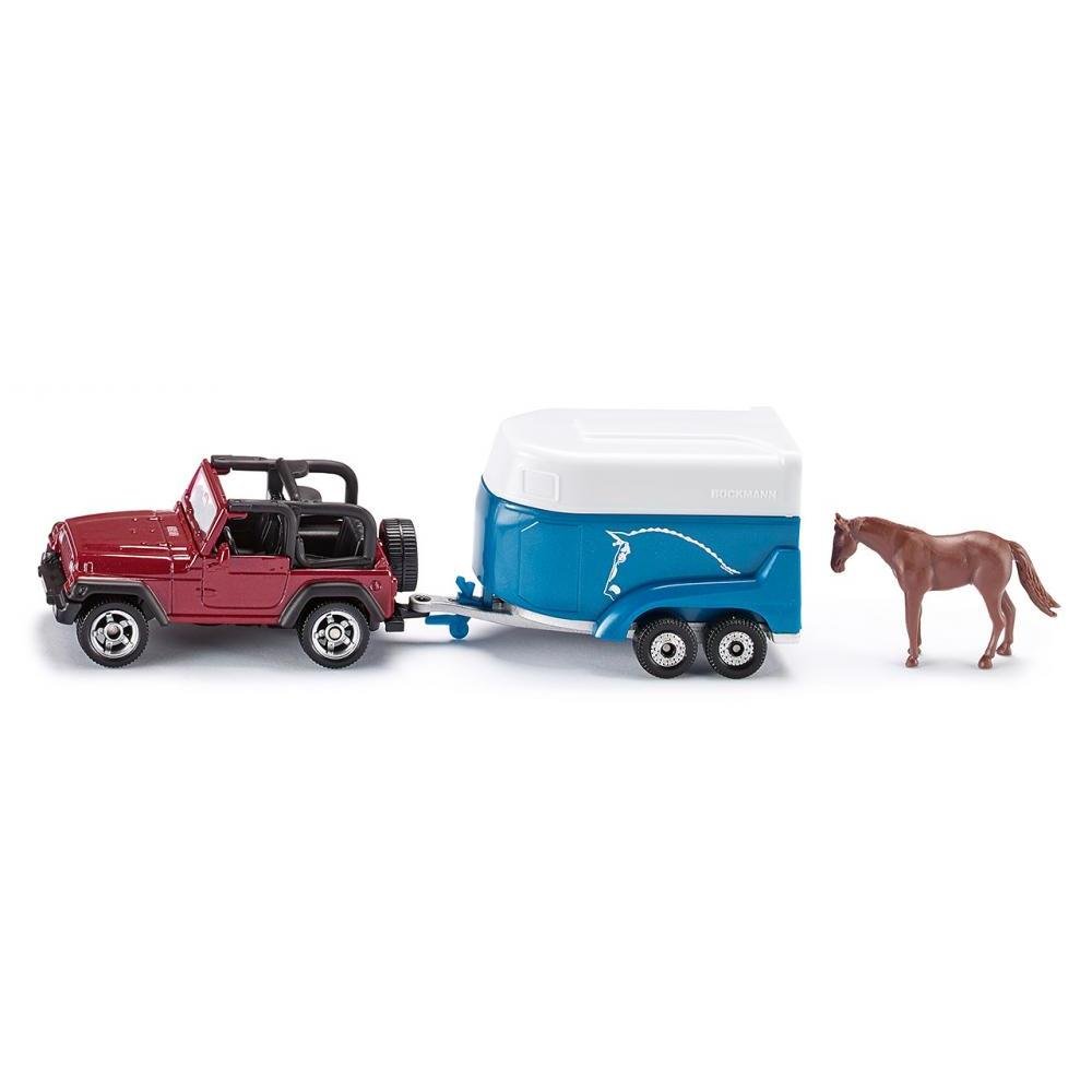 siku 1651, Jeep with Horse Trailer, Metal,Plastic, Multicolour, Incl. 1 toy horse, Opening loading flap, Rode — image 1