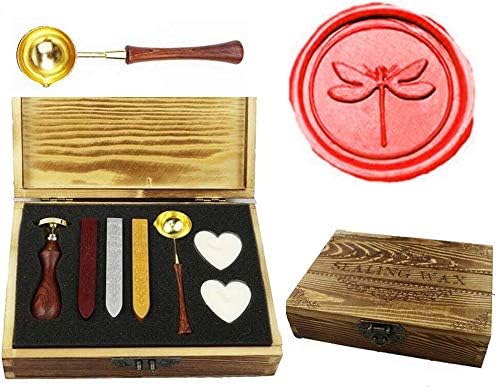 MNYR Vintage Dragonfly Sealing Wax Seal Stamp Kit Melting Spoon Wax Stick Candle Wooden Book Gift Box Set Wedding Invitation Embellishment Holiday Card Gift Wrap Package Gift Idea Seal Stamp Set