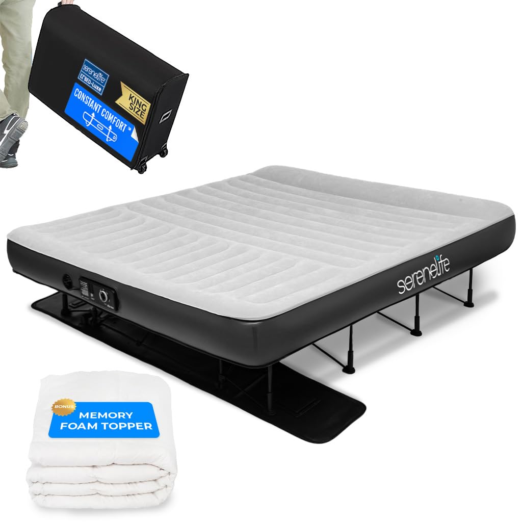 Photo 1 of SereneLife LuxeEZ Bed Air Mattress with Frame and Rolling Case - Luxury Series with Bonus Memory Foam Cover, Constant Comfort Pressure Maintaining Pump, Built-in Headrest, Wall Plug AC (King)