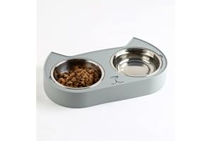 7 Ruby Road Cute Cat Bowls for Indoor Cats and Kitty, Small Double Cat Food Water Bowl Set with 2 Stainless Steel Pet Dishes and Grey Silicone Feeding Station, 6oz Kitten Bowls for Wet & Dry Food