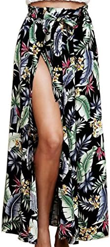 RUIGO Women's High-Waisted Boho Asymmetrical Hem Tie up Long Maxi Print Wrap Skirt (S, Black)