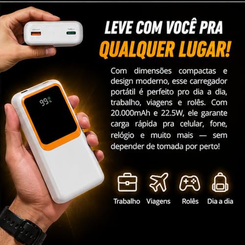 Power Bank, Carregador Portátil, 20000mAh, 22,5W, Carregamento Rápido, PD.