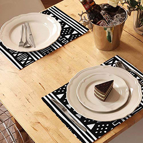 Mugod Placemats Afrocentric White Black African Mudcloth Mudprint Decorative Heat Resistant Non-Slip Washable Place Mats for Kitchen Table Mats Set of 4 12"x18"