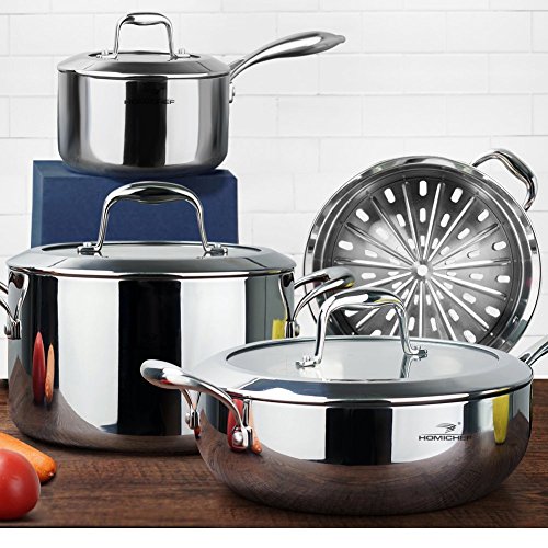 HOMI CHEF 7-Piece Mirror Polished NICKEL FREE Stainless Steel Cookware Pots and Pans Sets (No Toxic Non Stick Coating, Stock Pot +Sauce Pan +Saute Pan +Steamer Insert, Whole-Clad 3-Ply)