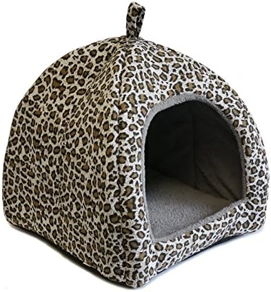 Small Pet Dog Cat Tent House 13.5" Removable Plush Pad (Leopard)