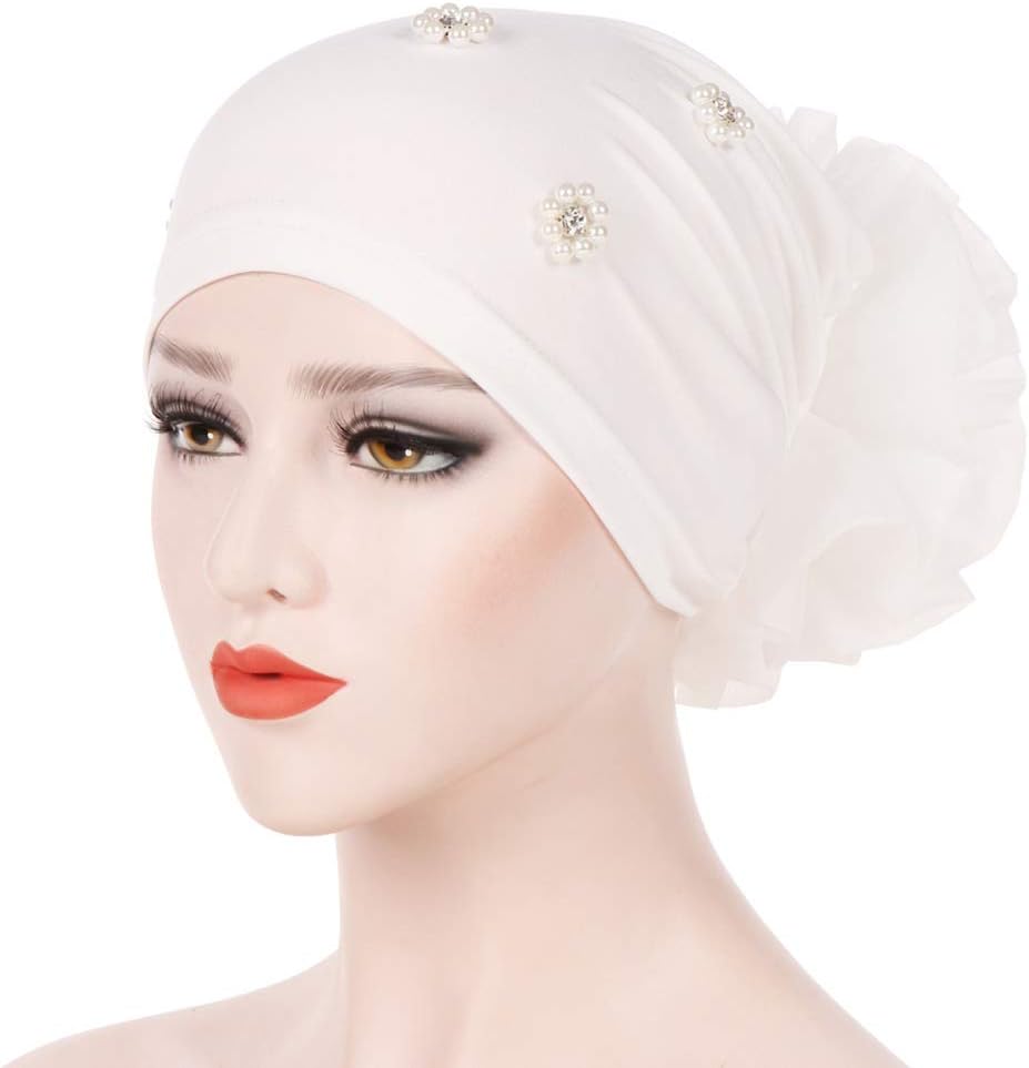 prettDliJUN Islamic Muslim Hijab Faux Pearl Rhinestone Women Flower Back Turban Hat Headwrap Decor White