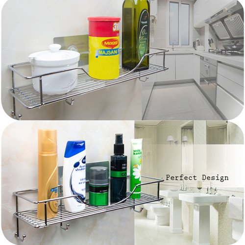 Bathroom Towel Shelf / Kitchen Holder, AISHN 304 Stainless Steel Vacuum Super Silicone Storage Rack, Space-Saving Rack Includes 4 Hooks