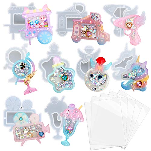 FUNSHOWCASE Resin Shaker Molds Set Charms Pendant Jewelry Making Supplies 9 Silicone Trays with 5 Clear Seal Films
