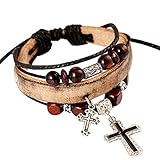 Mostsola Fashion Cross Pendant Multilayer Handmade Leather Wristband Bracelet Bangle (G)