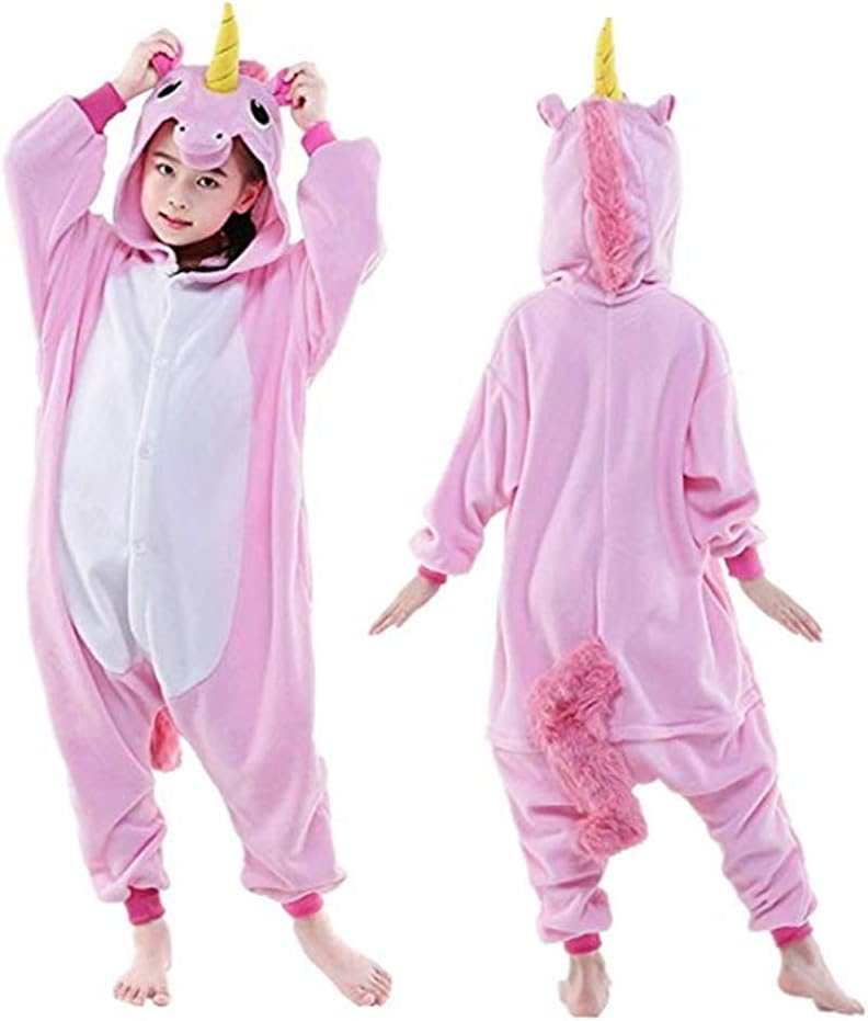 Halloween Cosplay Costume Unicorn Onesie Pajamas OnePiece Animal Outfit Homewear, Pink-1, Size130 for 49-53" height