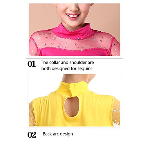 Girls Sequin Dance Costume Latin Rumba Dance Dress Spandex Ballroom Dancewear (Rose red, 7-8) - Thumbnail 4