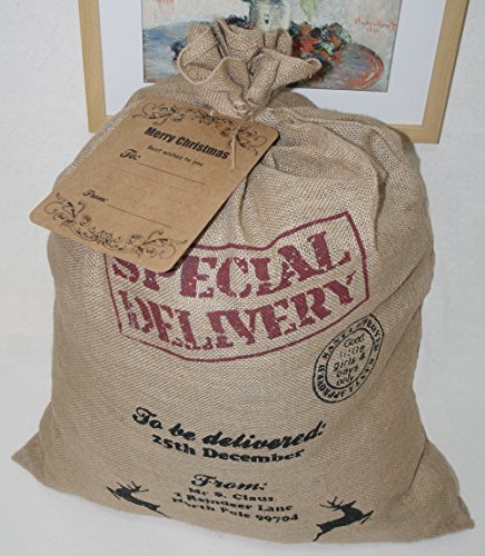 YIMEI Jute gift bag with drawstring,Stocking Stuffers & Holiday Gift Vintage Noel Hessian Burlap Santa Sack for Christmas, Brown