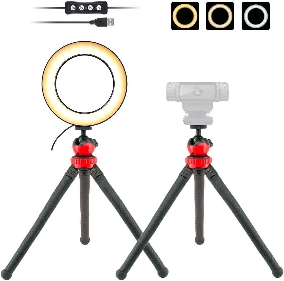 Webcam Light Stand,6'' USB Ring Light with 2 Tripods and Mobile Phone Holder for Logitech C920s C920 C922x C930e C615 Brio C925e iPhone Samsung