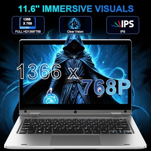 360° Folding Touch Laptop - 11.6 Inches, Laptop PC 6GB RAM 128GB SSD Celeron N4020, IPS Screen 1366 x 768, Laptop for Studies Work Leisure, Computer with Keyboard Film - Silver