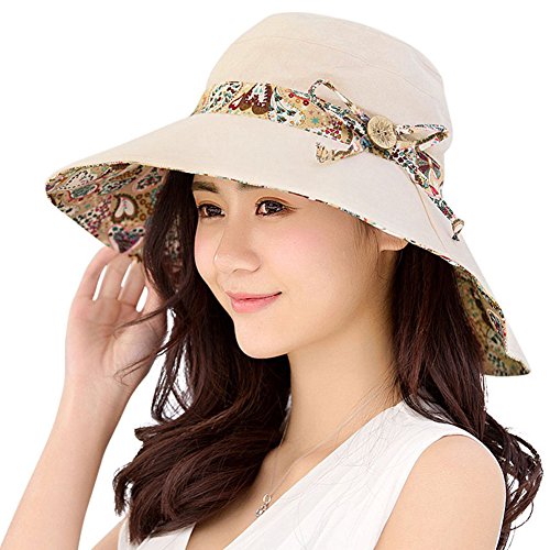 BOBIBI Womens Sun Hat Summer Reversible UPF 50+ Beach Hat Foldable Wide Brim Cap with Neck Cord