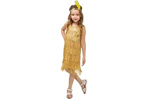 ODOLDI 20s Flapper Dresses for Girls Gatsby Tassel Fringe Dress with Feather Headband Kids 1920s Flapper Costume