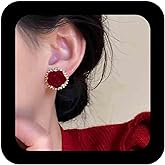 Erimberate Bohemian Pearl Rose Flower Earrings Red Velvet Camellia Flower Earrings Vintage Pearl Camellia Earrings Velvet Floral Rose Stud Earrings Jewelry for Women
