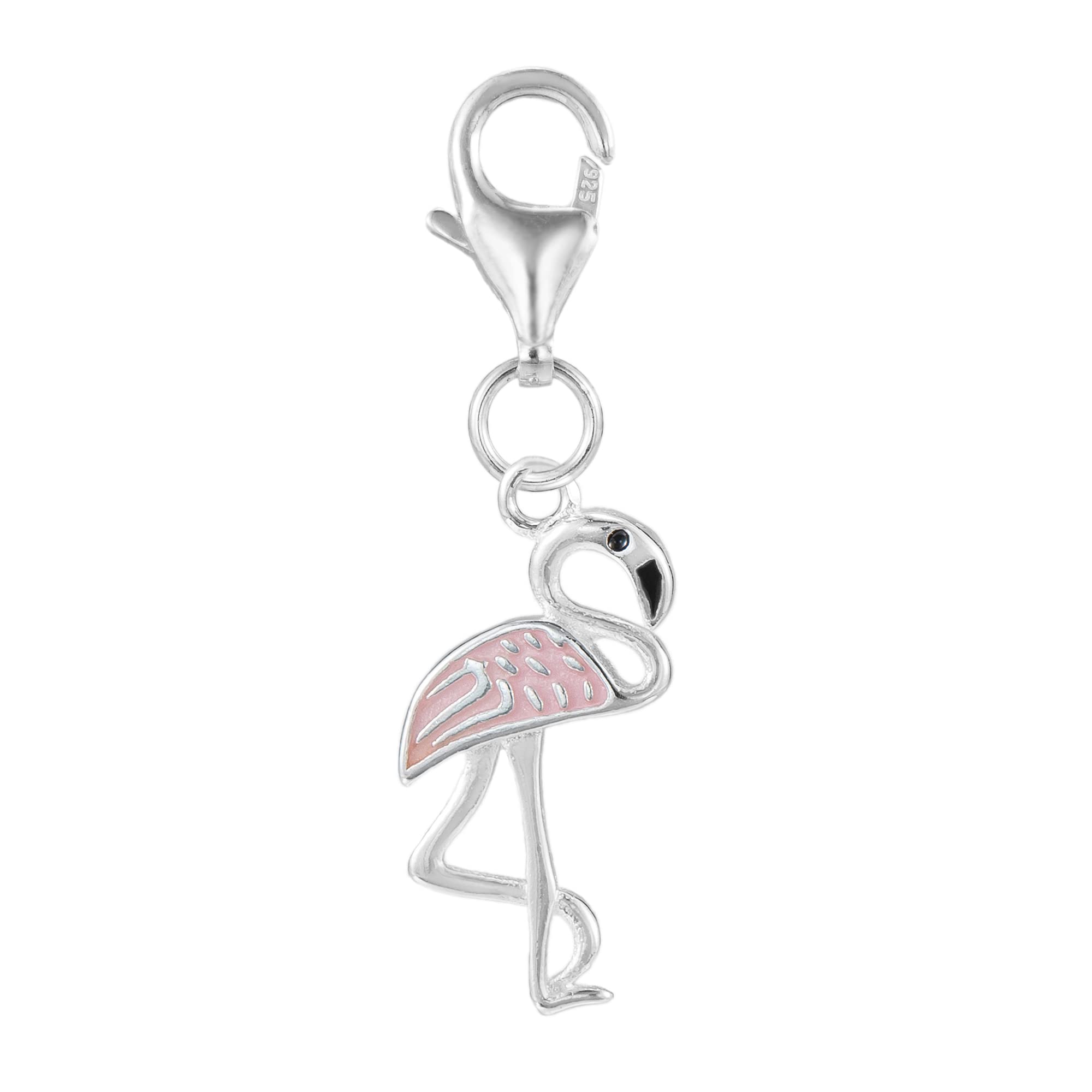 925 Sterling Silver Pink Crane Clip On Charm with Enameled Lobster Clasp for Bracelet Necklace