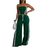 CHEZVOGUE Women's Summer 2 Piece Outfits Strapless Striped Crop Tops & Wide Leg Pants Sets Sexy Two Piece Sets