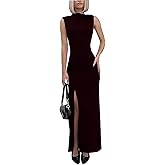 FECAFO Womens Mock Neck Ruched Bodycon Maxi Dress Sexy Side Slit Evening Cocktail Dress Club Party Sleeveless Long Dresses