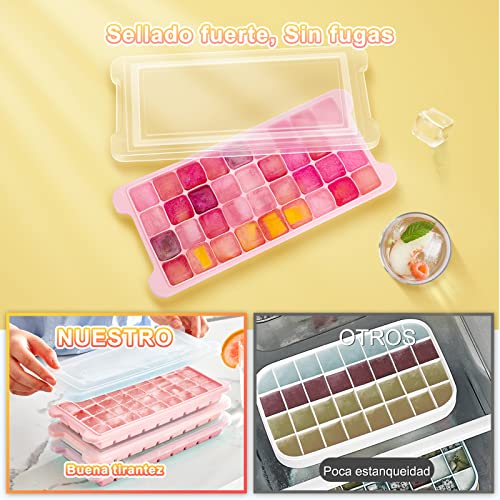 bedee Cubiteras para Hielo con Tapa, 72 Cubitos, Molde Silicona Sin BPA, Bandejas para Hielo Silicona, 2 Piezas Bandejas para Hielo para Congelarse Alimentos para Bebés, Agua, Cola, Cócteles (Rosado)